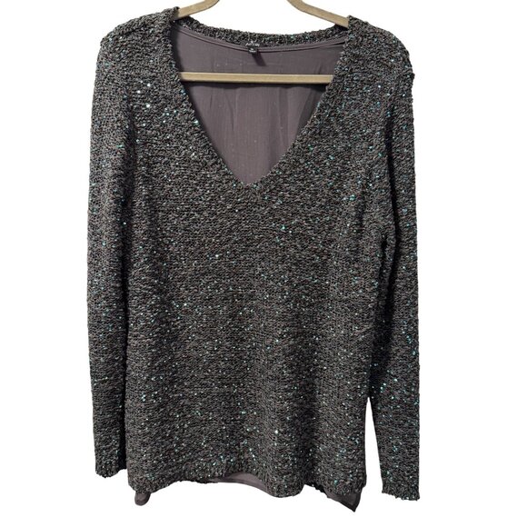 Apt. 9 blouse Sz  XL Gray Sequin V-Neck Long Sleeve Sweater With Sheer Underlaye - Picture 6 of 12